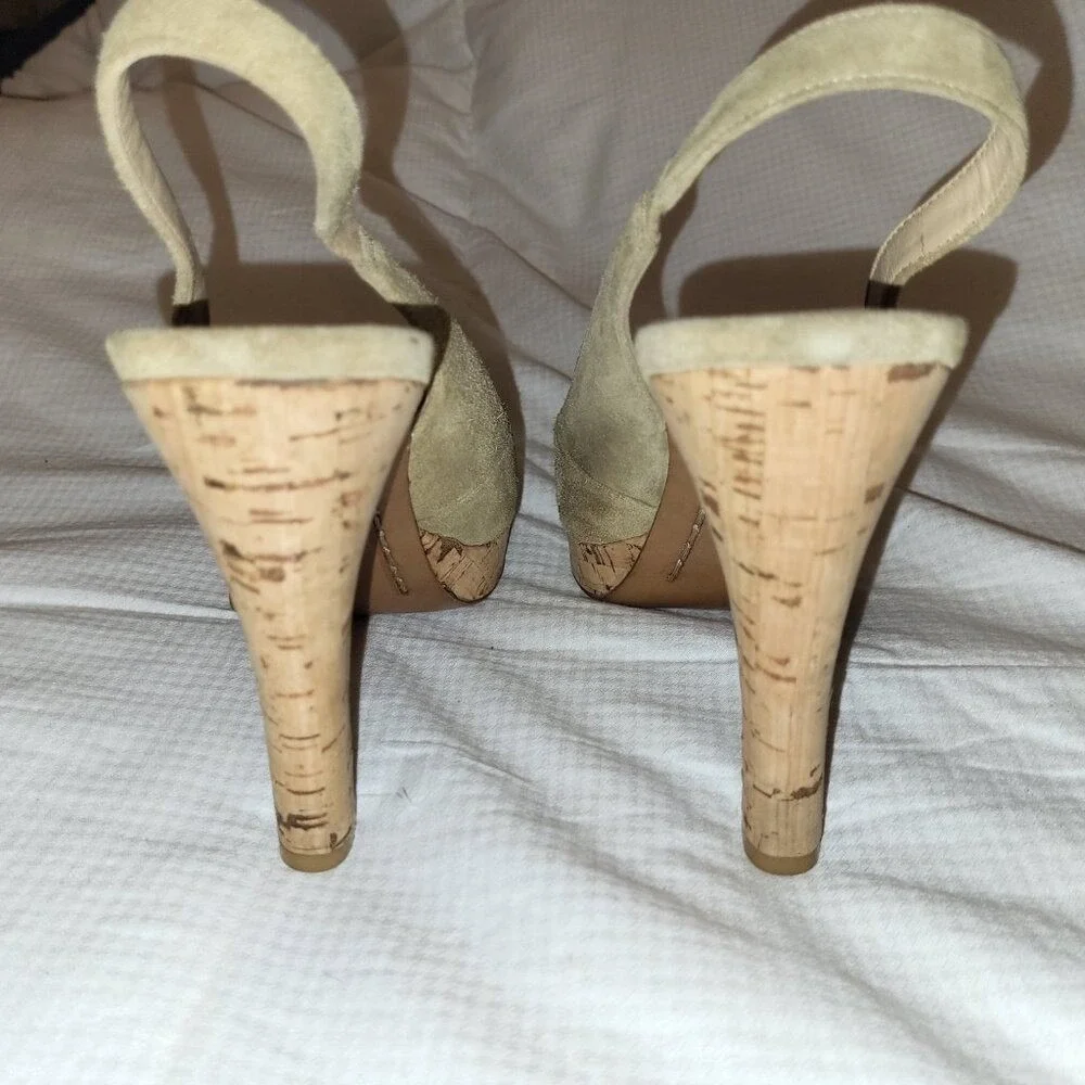 MICHAEL KORS VTG Beige Tan Suede Cork Platform Round Toe Slingback Heels - 8M